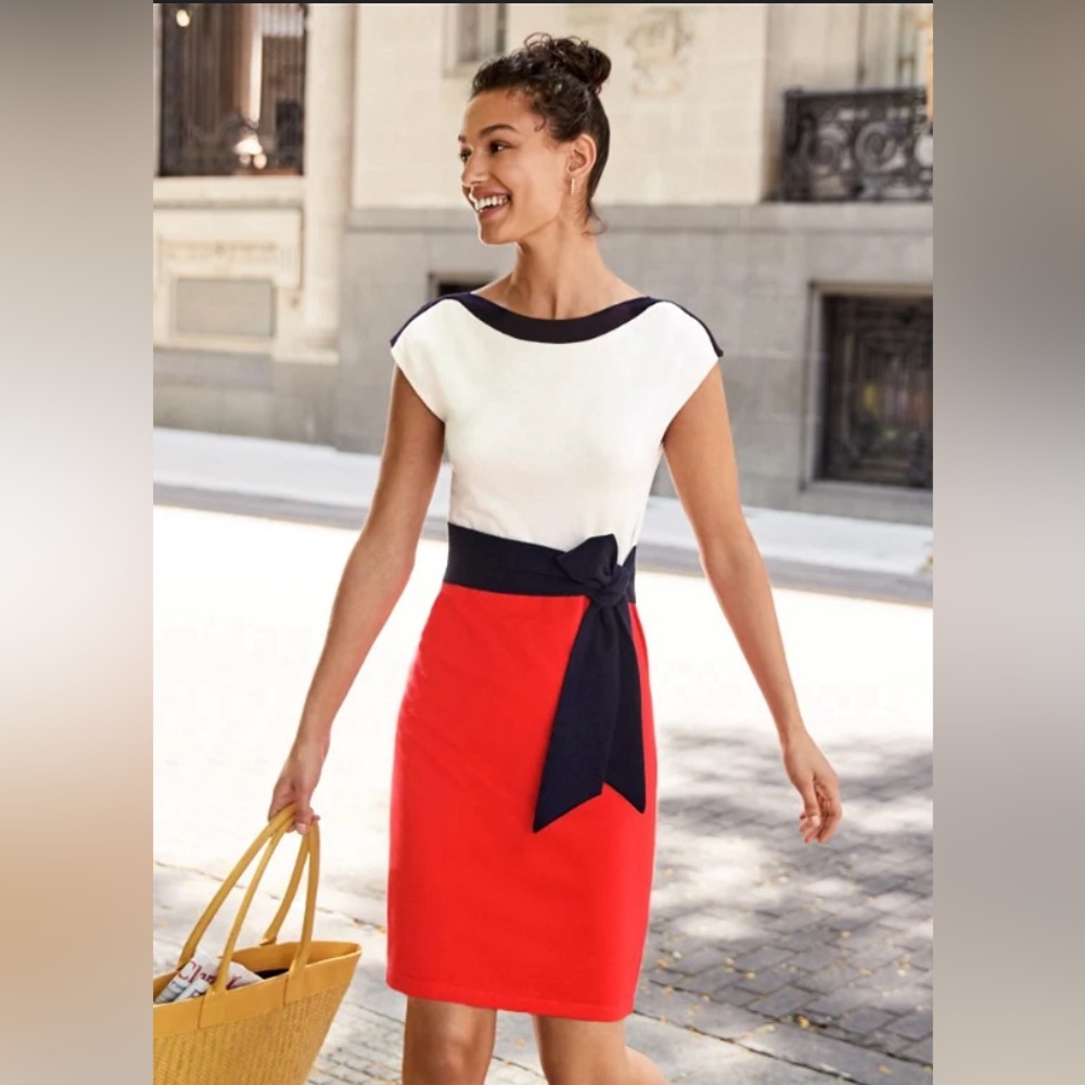 Boden White, Navy & Red Knit Colorblock Sheath Dress